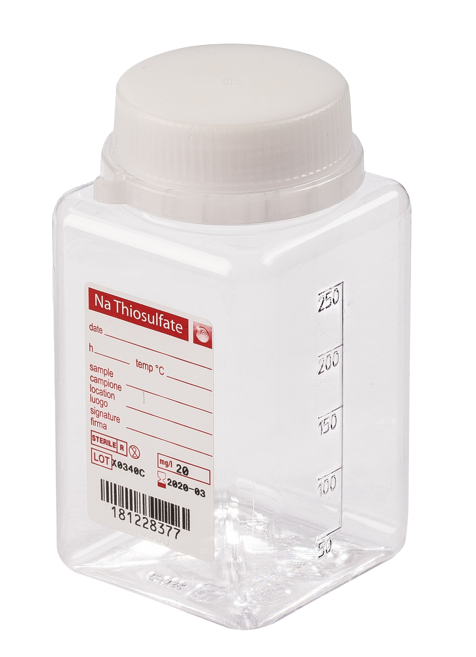 sterile Weithalsflasche mit 5 mg Natriumthiosulfat, 250 ml, PET, VE 216 St.