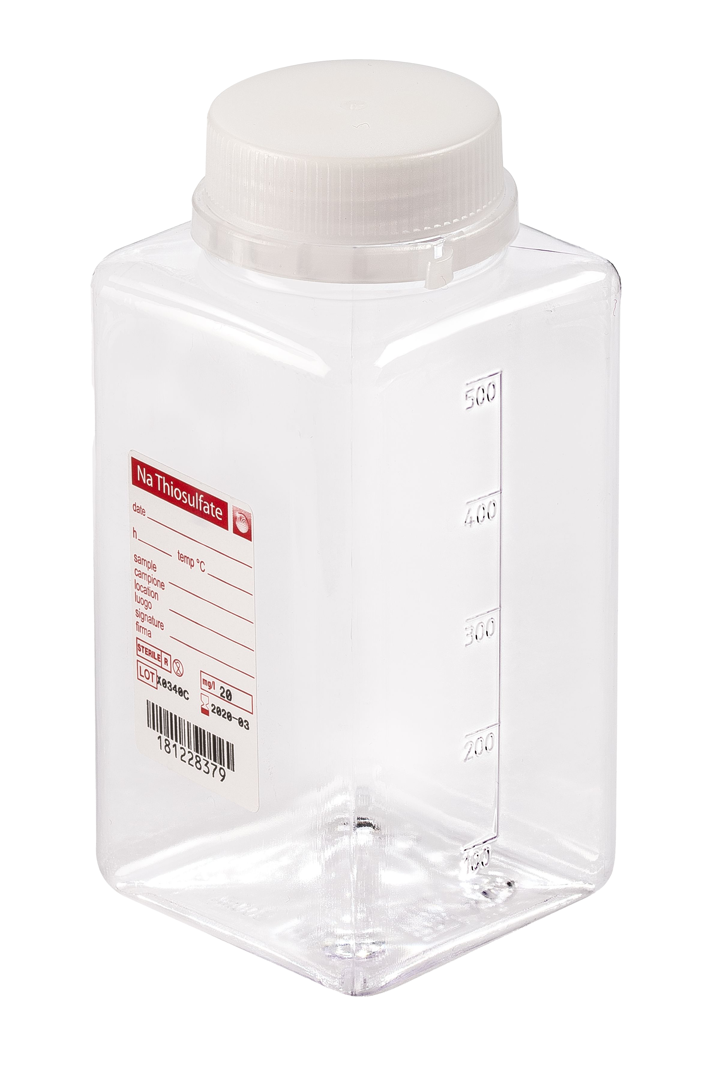 sterile Weithalsflasche mit 10 mg Natriumthiosulfat, 500 ml, PET, VE 120 St.
