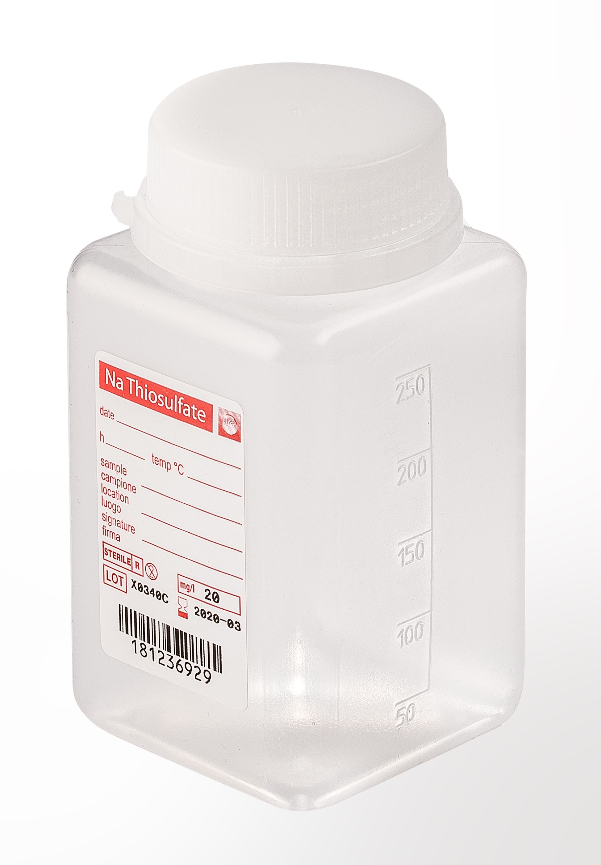 sterile Weithalsflasche mit 5 mg Natriumthiosulfat, 250 ml, PP, VE 216 St.