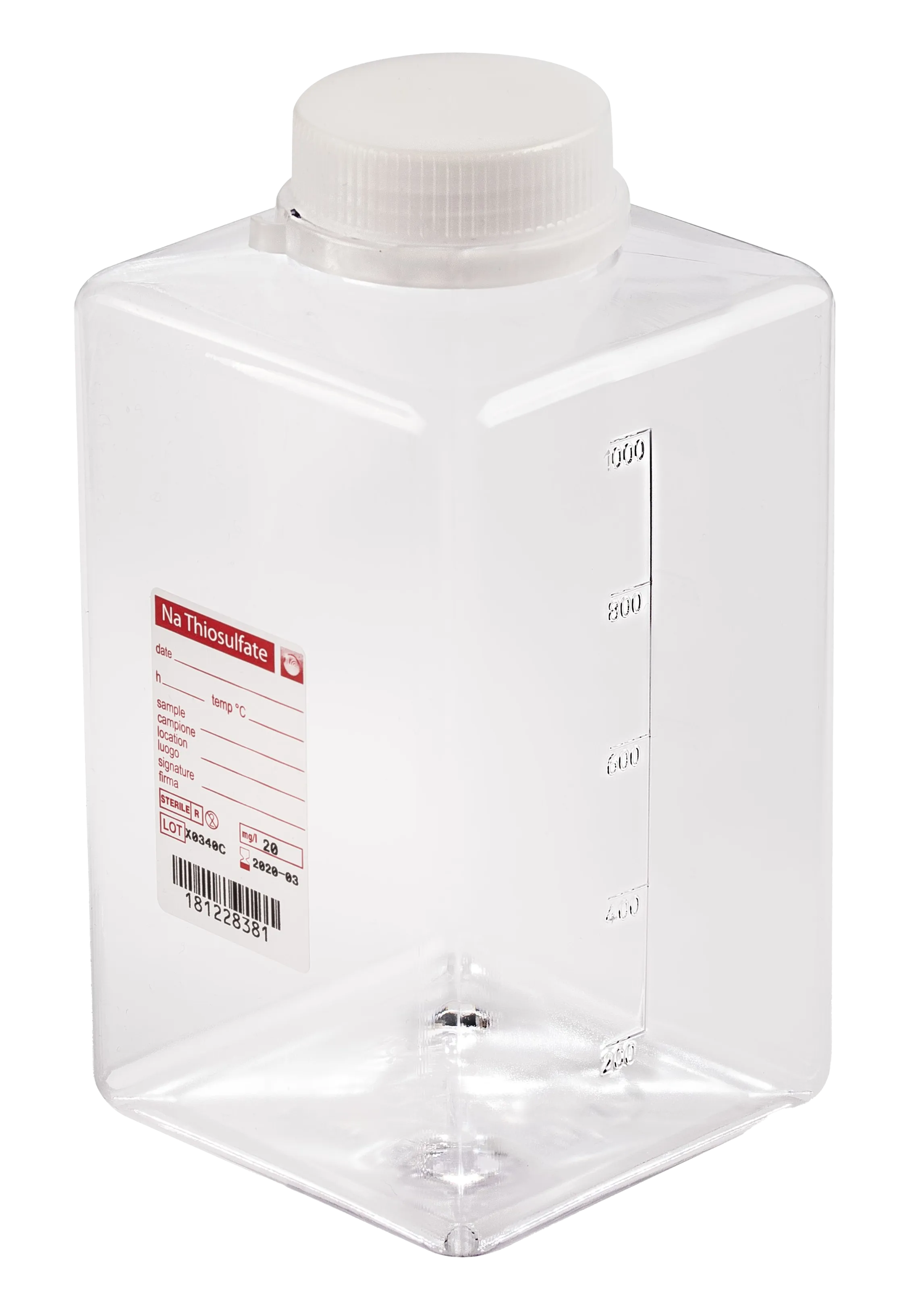 sterile Weithalsflasche mit 20 mg Natriumthiosulfat, 1000 ml, PET-G, VE 72 St. transparent, quadratisch, Originalitätsverschluss 11291158