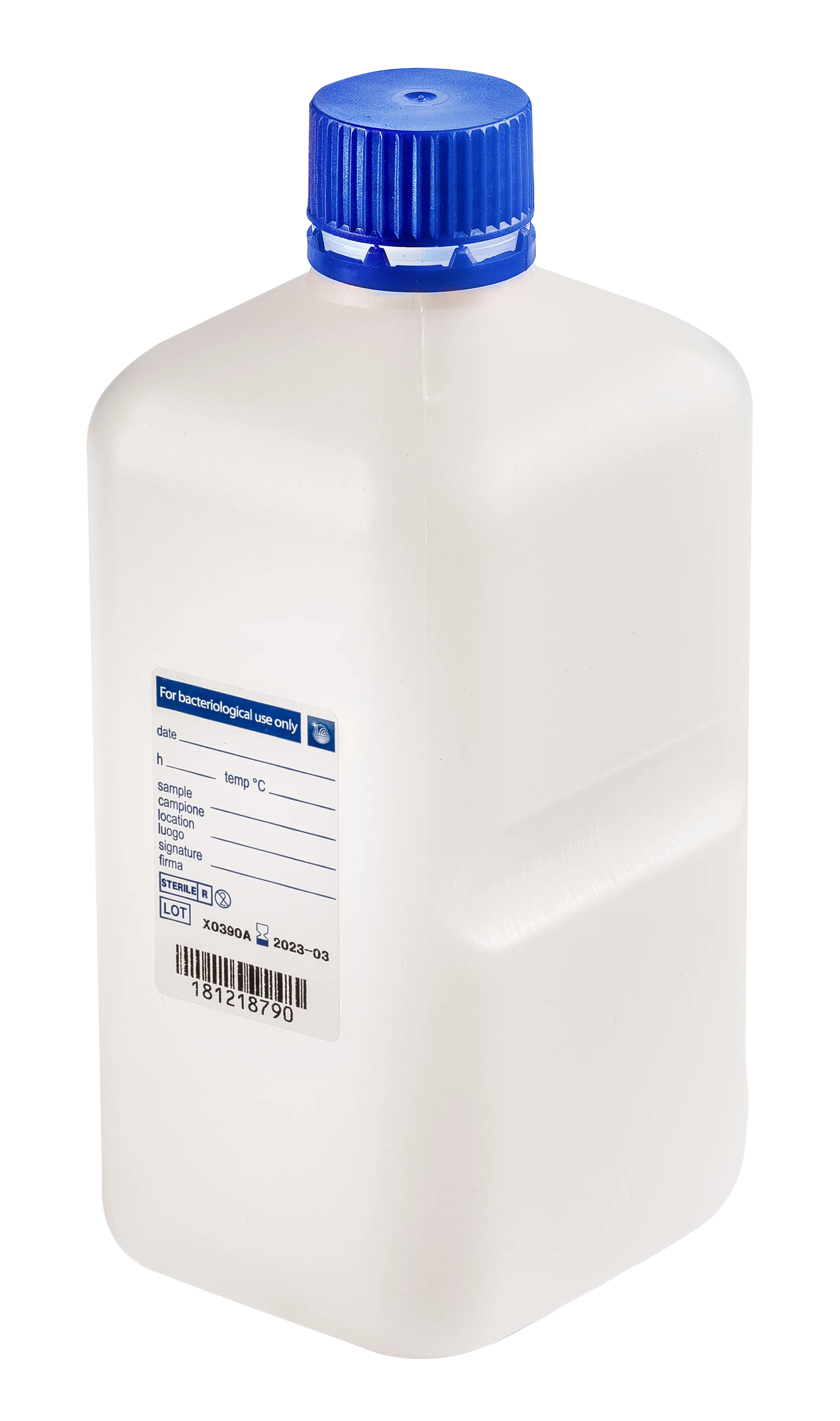 sterile Enghalsflasche, 1000 ml, HDPE, VE 72 St. rechteckig, Originalitätsverschluss blau, Skala 11291268