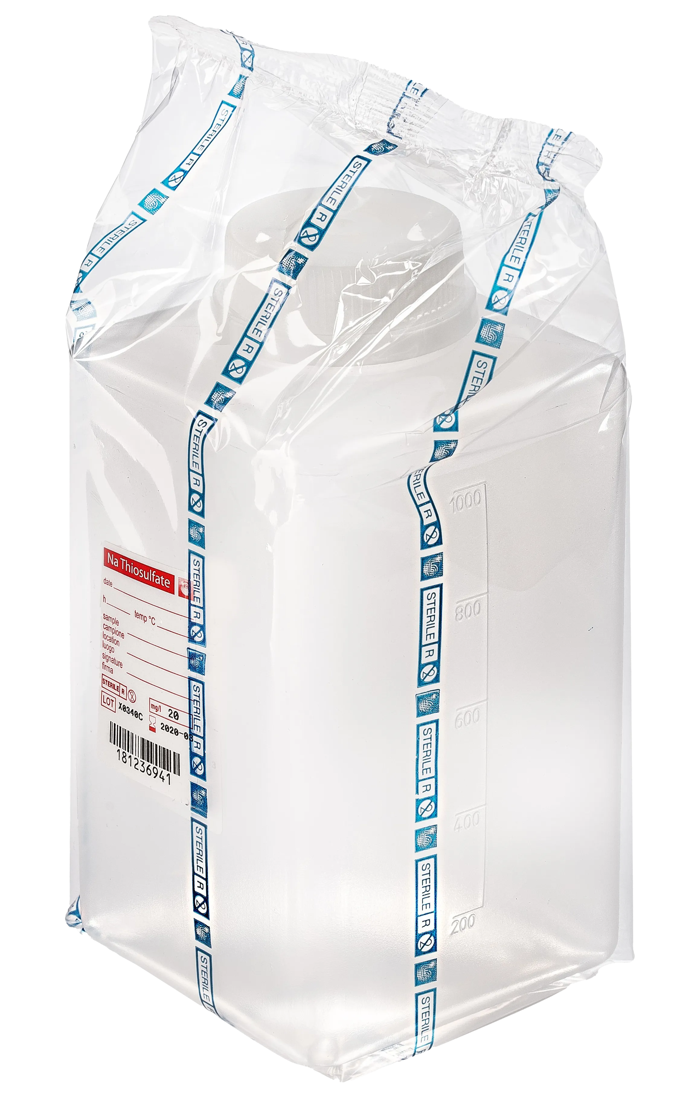 sterile Weithalsflasche mit 20 mg Natriumthiosulfat, 1000 ml, PP, VE 72 St. natur, quadratisch, Originalitätsverschluss, einzeln steril verp. 11291348