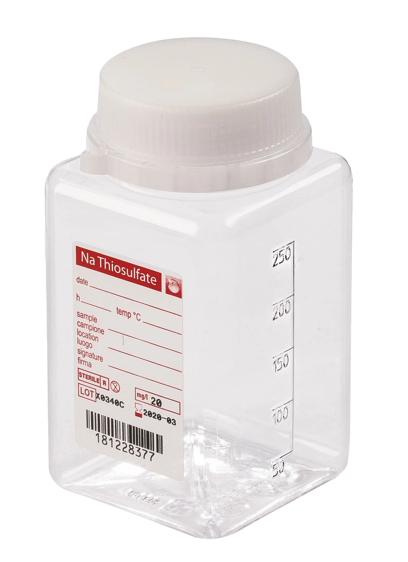 sterile Weithalsflasche mit 5 mg Natriumthiosulfat, 250 ml, PET-G, VE 216 St. transparent, quadratisch, Originalitätsverschluss 11292158