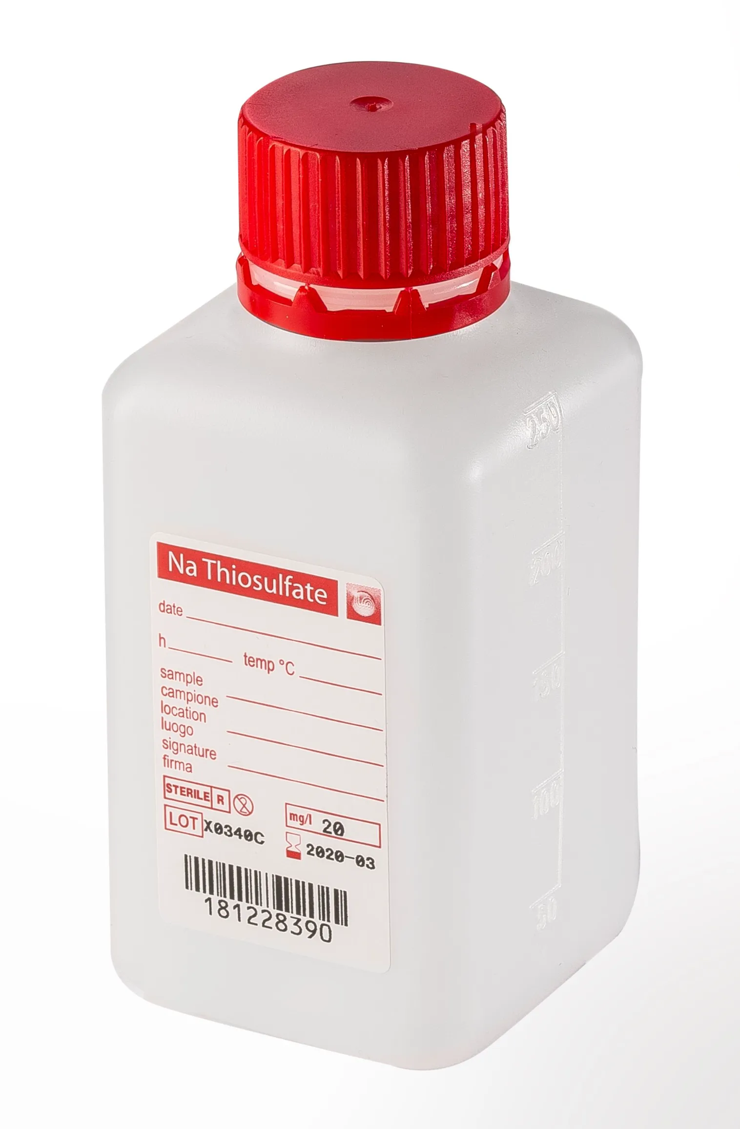 sterile Enghalsflasche mit 5 mg Natriumthiosulfat, 250 ml, HDPE, VE 280 St. quadratisch, Originalitätsverschluss 11292168