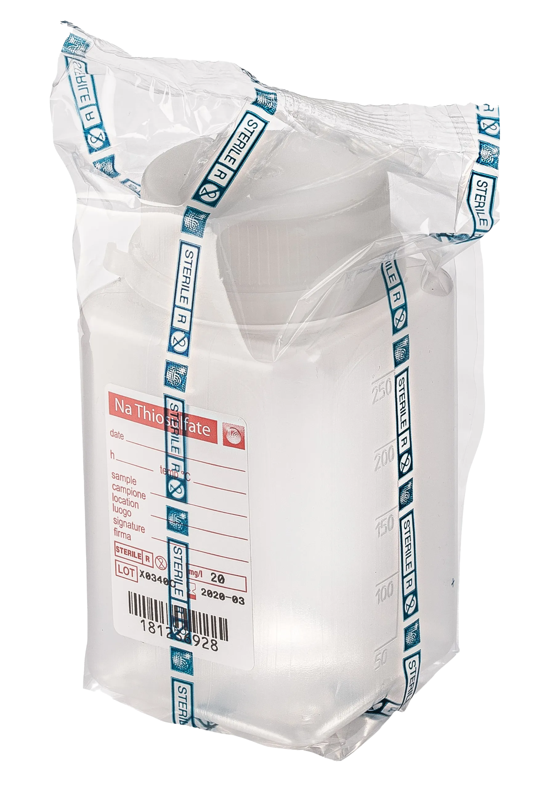 sterile Weithalsflasche mit 5 mg Natriumthiosulfat, 250 ml, PP, VE 216 St. natur, quadratisch, Originalitätsverschluss, einzeln steril verp. 11292348
