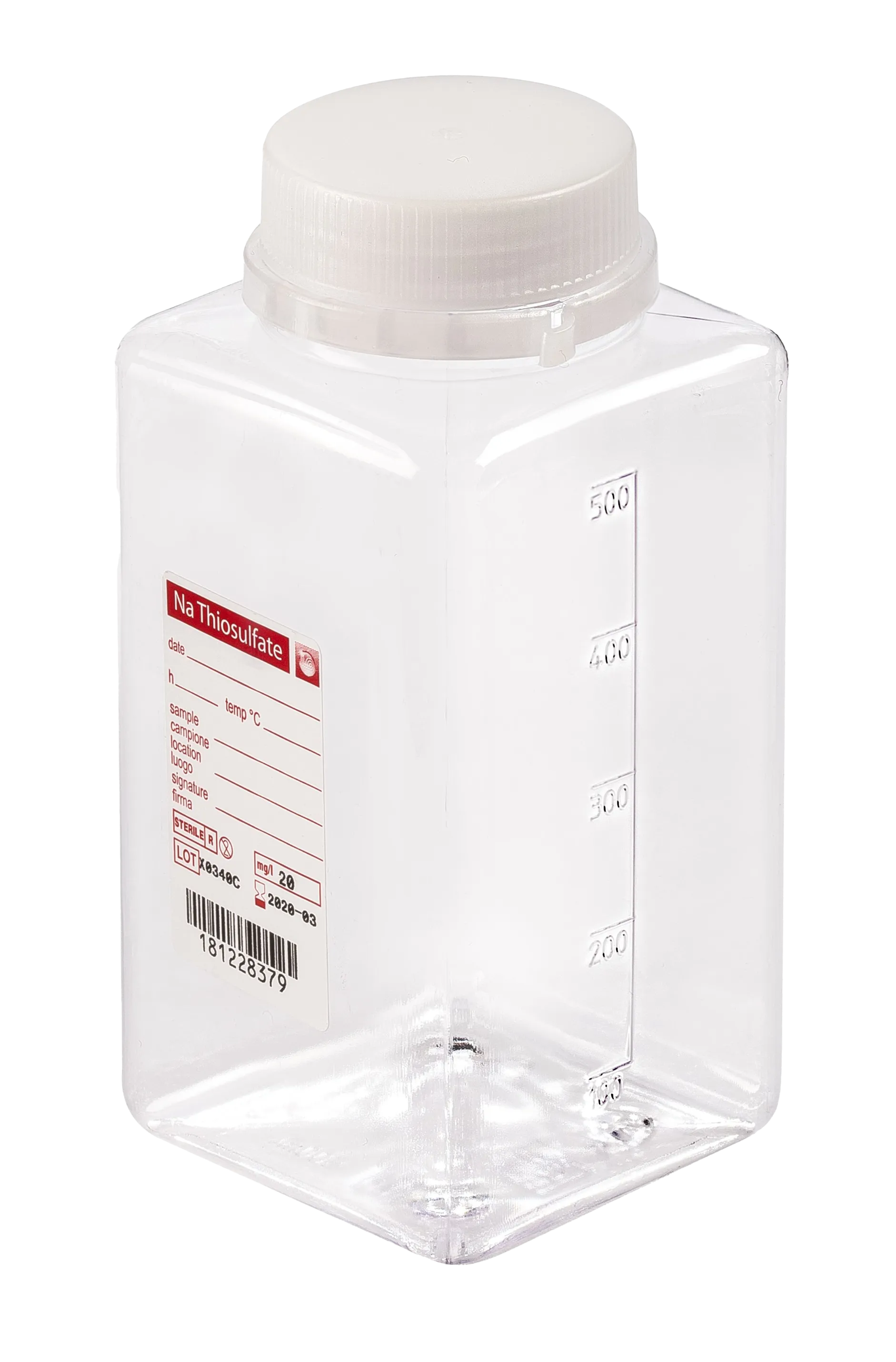 sterile Weithalsflasche mit 10 mg Natriumthiosulfat, 500 ml, PET-G, VE 120 St. transparent, quadratisch, Originalitätsverschluss 11295158