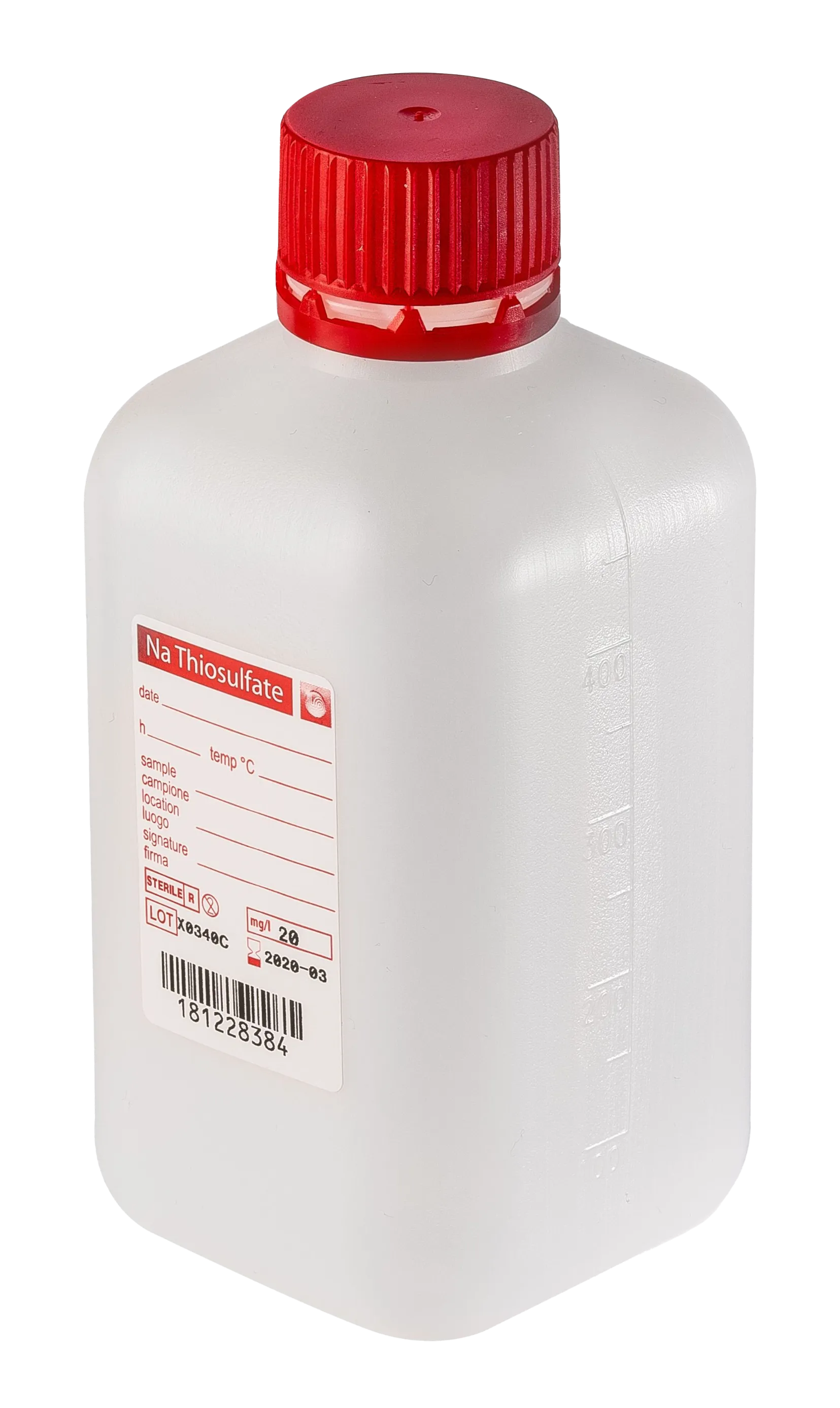 sterile Enghalsflasche mit 10 mg Natriumthiosulfat, 500 ml, HDPE, VE 120 St. quadratisch, Originalitätsverschluss rot 11295168
