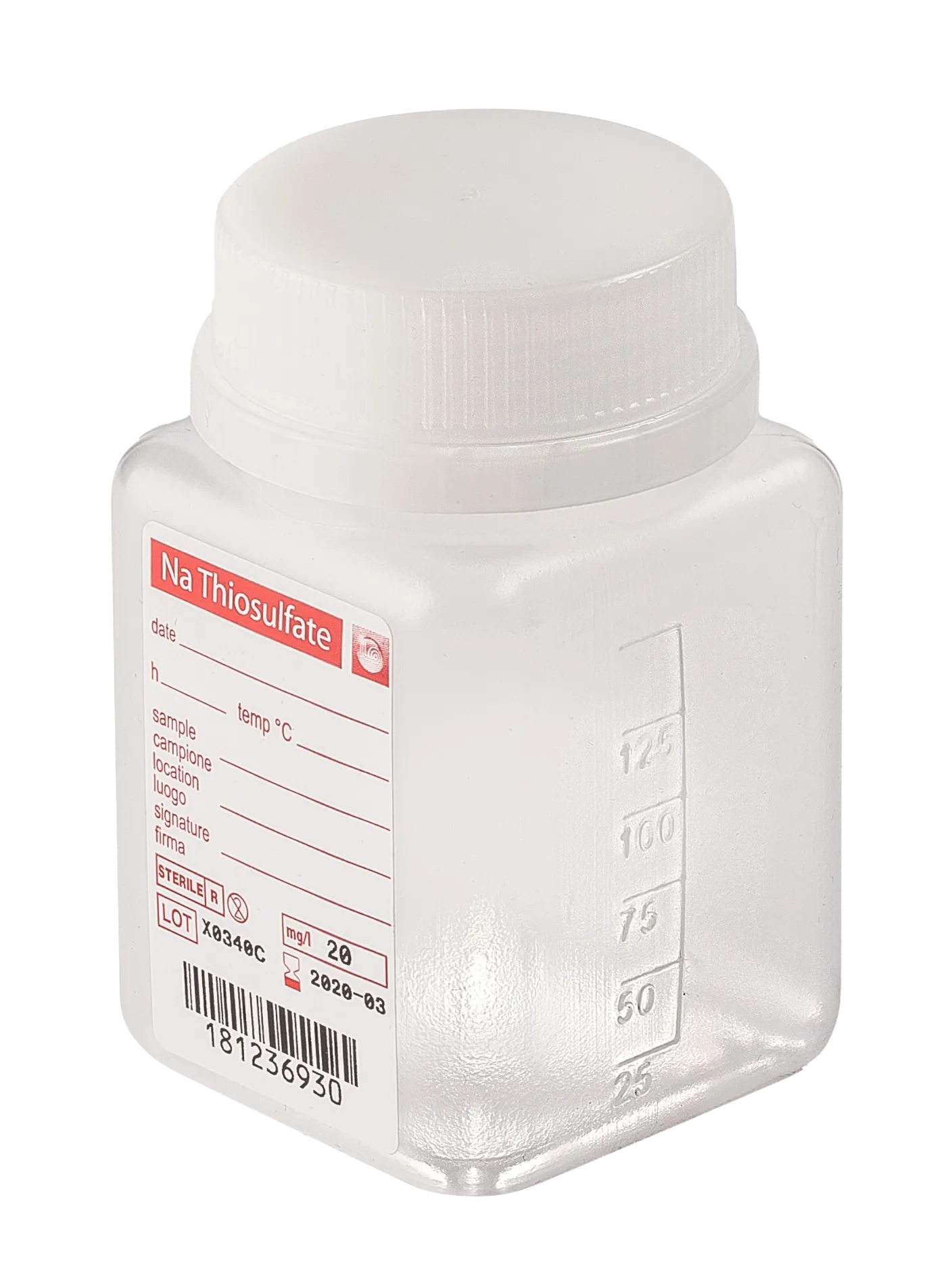 sterile Weithalsflasche mit 2,5 mg Natriumthiosulfat, 125 ml, PP, VE 350 St. natur, quadratisch, Originalitätsverschluss 11299148