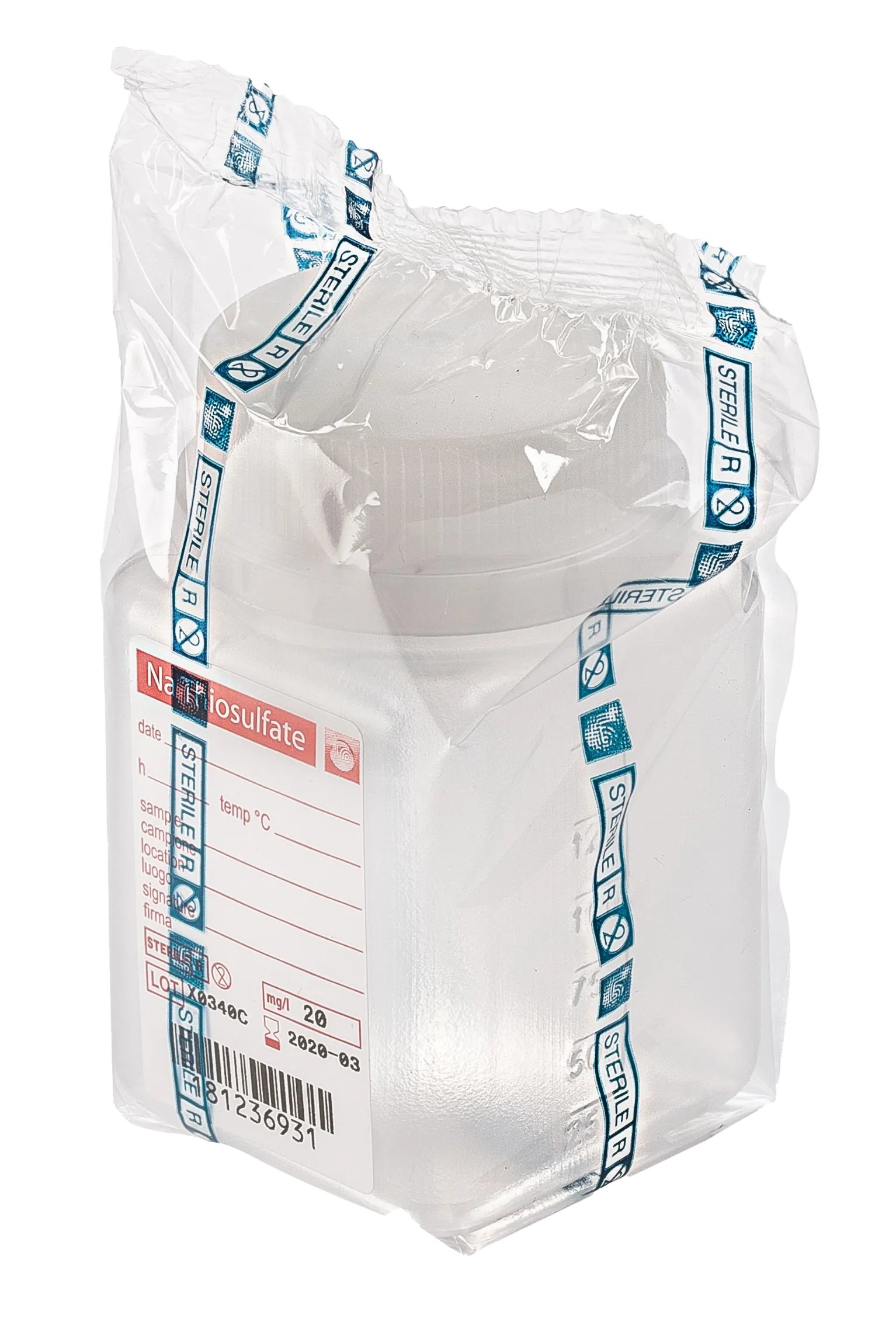 sterile Weithalsflasche mit 2,5 mg Natriumthiosulfat, 125 ml, PP, VE 320 St. natur, quadratisch, Originalitätsverschluss, einzeln steril verp. 11299348
