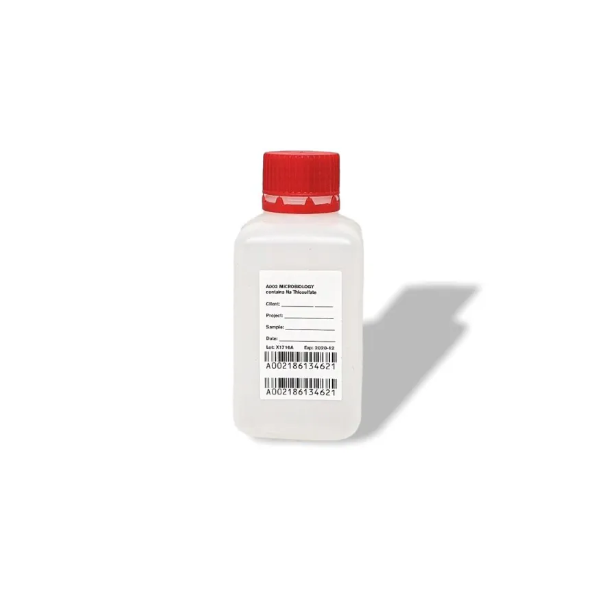 sterile Enghalsflasche mit 2,5 mg Natriumthiosulfat, 125 ml, HDPE, VE 350 St. Barcode zweifach, quadratisch, Originalitätsverschluss rot 11299568