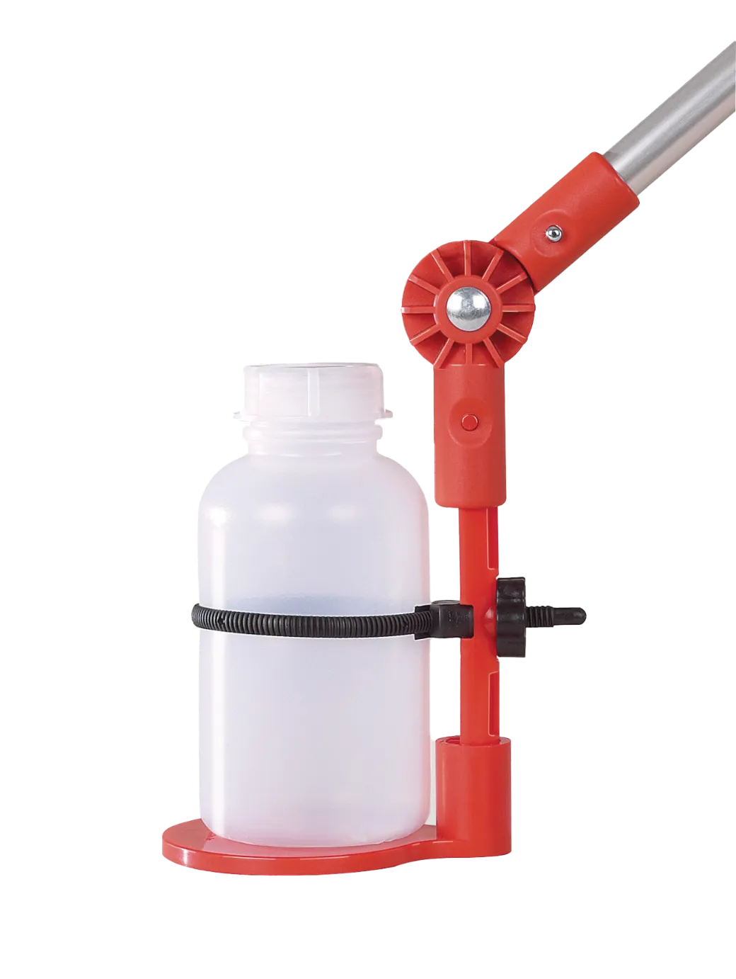 Flaschenhalter Aluminium, bzw. PP, für Flaschen bis 88 mm Ø,  inkl. Weithalsflasche 750ml LD-PE mit Universal-Schnellspannband 11429006
