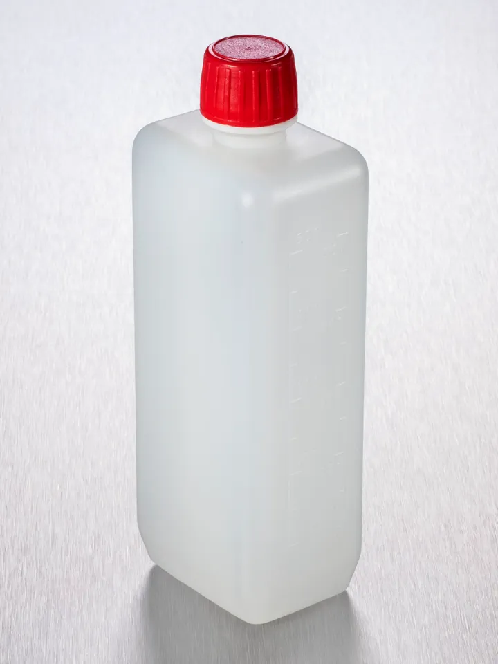 Vierkant-Enghalsflasche, 500 ml, HDPE, Natur mit Orirginalitätsverschluss rot VE 170 St. FV500-05 rechteckig, Maße 200 x 72 x 52mm (HxBxT), Gewinde 20 mm, auslaufsicher, mit erhabener Skala 11441002