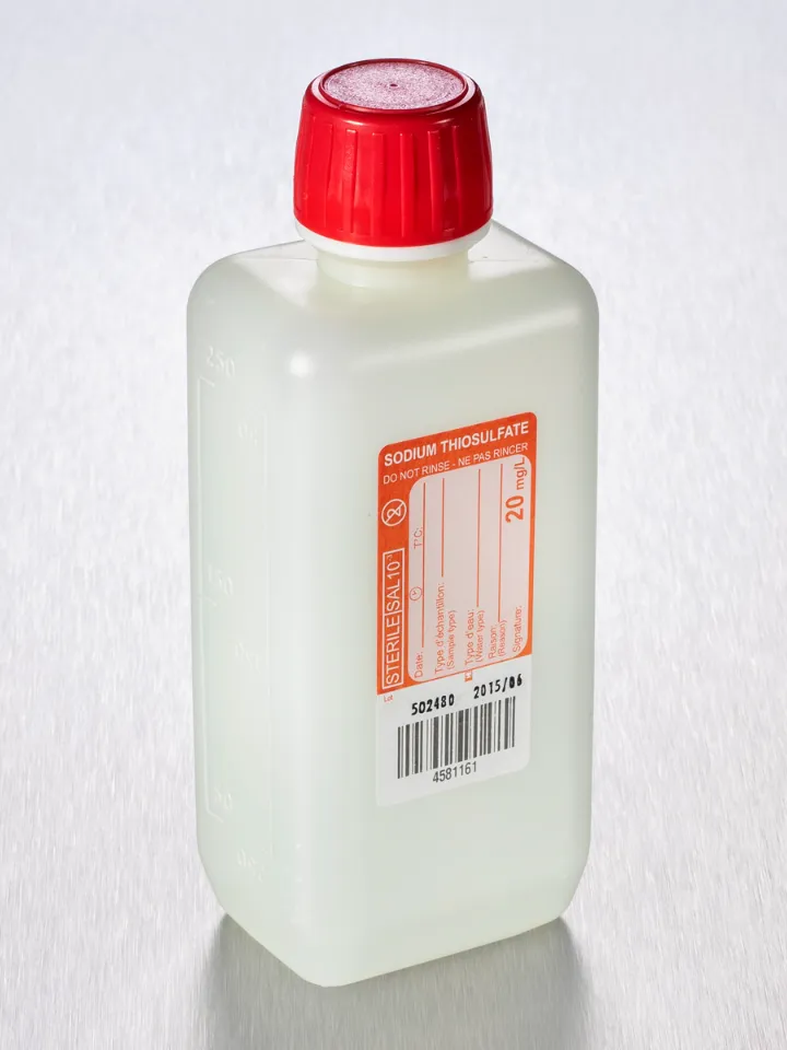 sterile Enghalsflasche mit 5 mg Natriumthiosulfat, 250 ml, HDPE, VE 312 St. rechteckig, auslaufsicher, Skala [HFV250-01] 11441003