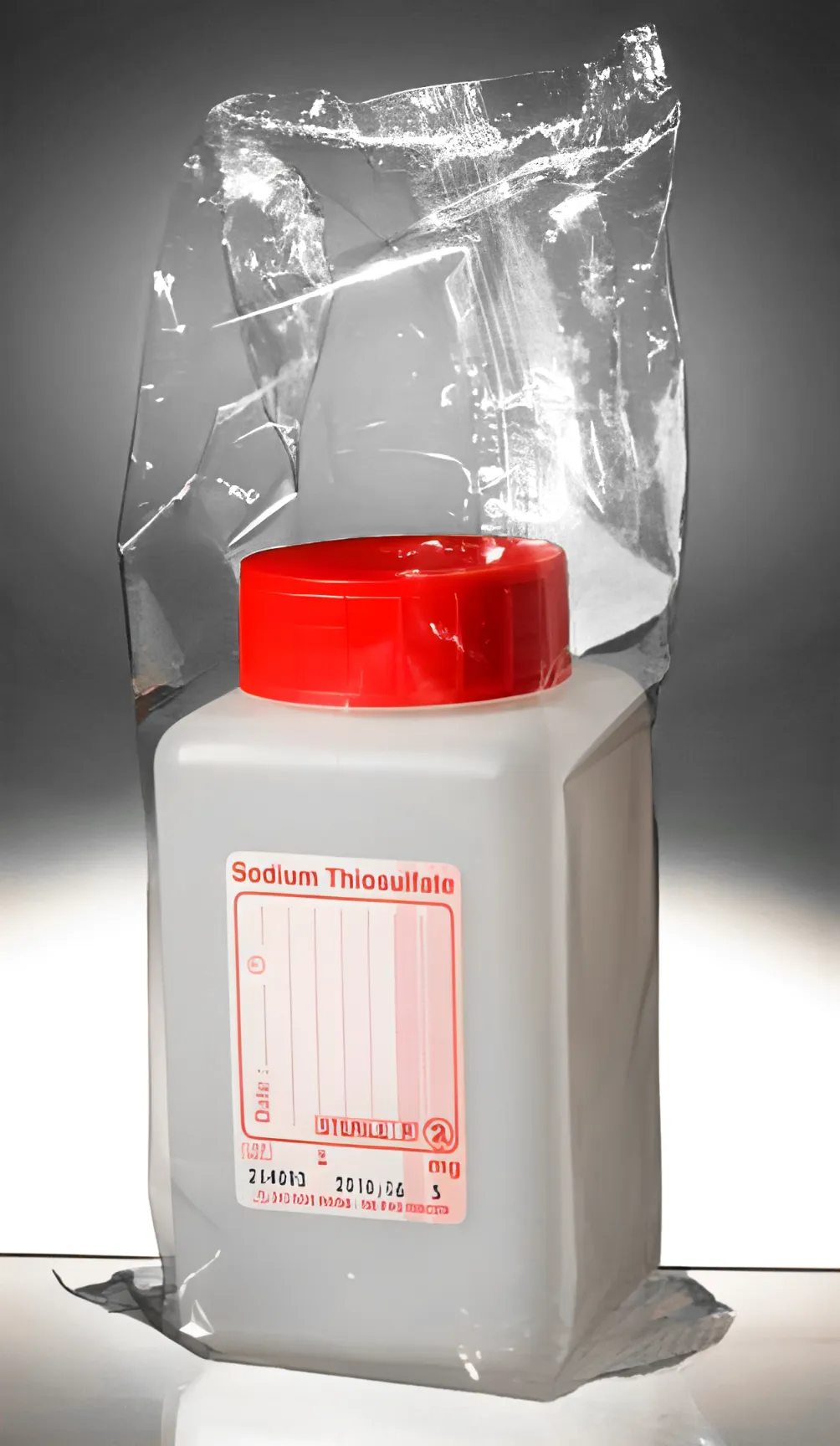 sterile Weithalsflasche mit 5 mg Natriumthiosulfat, 250 ml, HDPE, VE 182 St. natur, quadratisch, Schraubkappe mit Dichtung, einzeln steril verp. [HLC250-02] 11441006