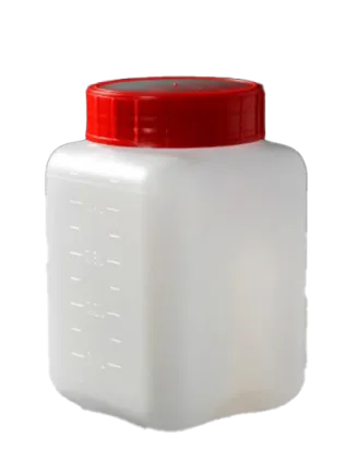 sterile Weithalsflasche, 500 ml, HDPE natur, mit Verschlussetikett aqua VE 175 St. LC500-11, quadratisch, 122x76x76mm (HxBxT), Gewinde 58mm, auslaufsicher, erh. Skala 11441009