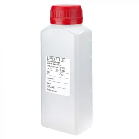 sterile Enghalsflasche mit 5 mg Natriumthio. 250 ml, natur, HDPE, VE 216 St. rechteckig, Skala, roter Originalitätsverschluss, auslaufsicher 11461010