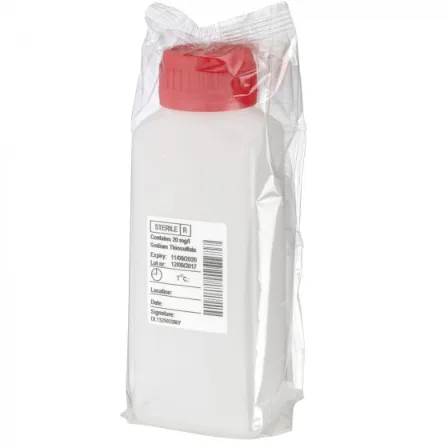 sterile Enghalsflasche mit 5 mg Natriumthiosulfat, 250 ml, HDPE,  einzeln steril verp.VE 216 St. rechteckig, Skala, roter Originalitätsverschluss, einzeln steril verp. 11461015